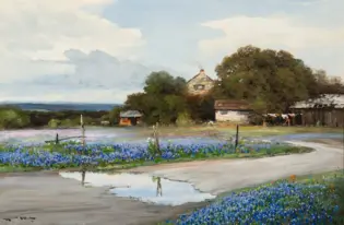Oil painting of a rural scene with a house nestled among trees, a dirt road, and a field of blue flowers in the foreground.