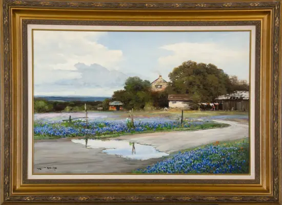 Rural landscape painting: blue wildflowers along a curved path, a puddled road, and a farmhouse behind trees under a cloudy sky.
