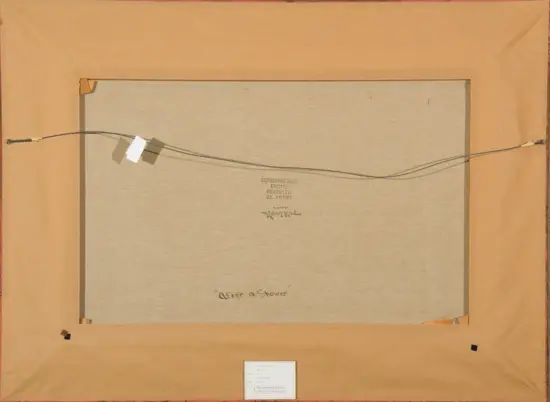 Back of a framed painting showing the hanging wire, corner pads, and handwritten title 'After a Shower'.