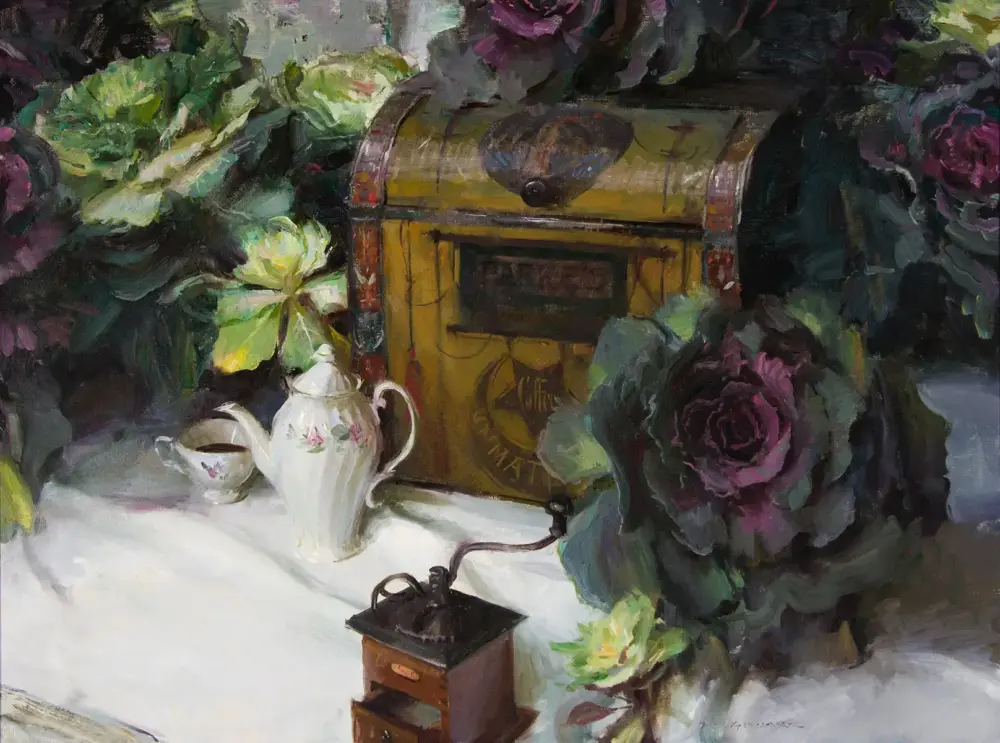 Still-life painting featuring an antique yellow safe amid lush green and purple flowers, with a white porcelain teapot and creamer on a white table nearby.