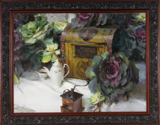 Still-life oil painting with a white teapot and teacup on a white table, surrounded by leafy greens, a yellow vintage box, and a purple rose in bloom on the right.