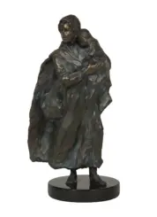 Bronze sculpture of a woman in a cloak holding a child on her shoulder, standing on a round black pedestal.