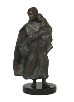 Bronze sculpture of a woman in a cloak holding a child on her shoulder, standing on a round black pedestal.