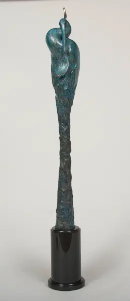 Slim, abstract bronze sculpture with a teal patina, resembling a tall, curved human form on a black pedestal.