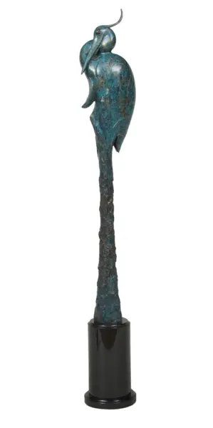 Abstract teal patina sculpture of a tall bird perched on a textured column, mounted on a black pedestal