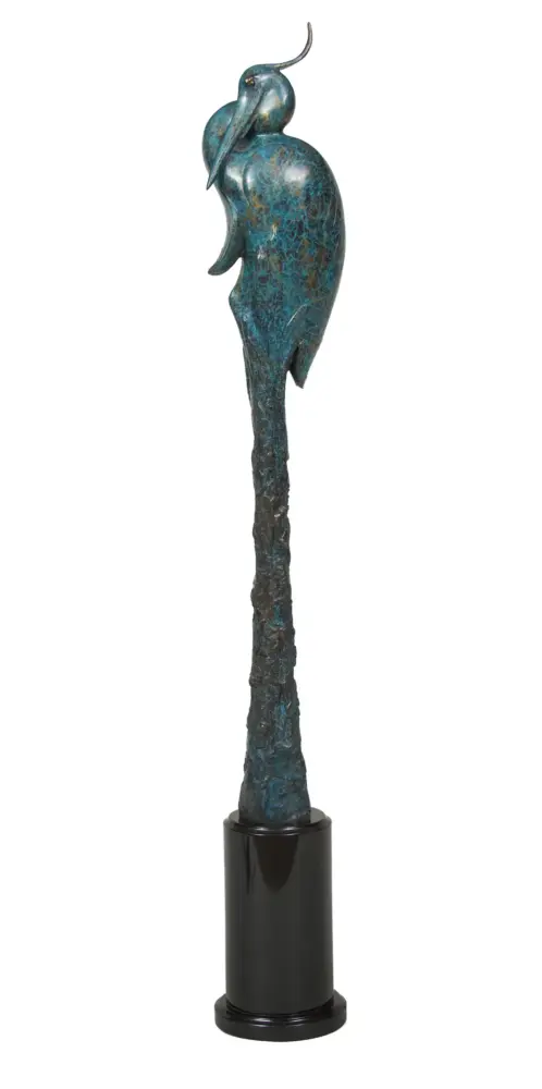 Abstract teal patina sculpture of a tall bird perched on a textured column, mounted on a black pedestal