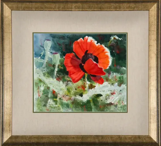 Framed painting of a bright red poppy in a green field inside a gold frame.