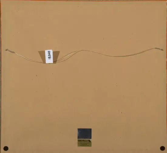Thin, curved metal wire stretched horizontally across a brown display board, with a white tag labeled 18340 mid-left and a small label at the bottom center.