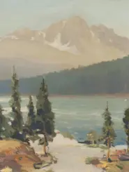Impressionist landscape: snow-capped mountains over a lake with evergreen trees in the foreground.