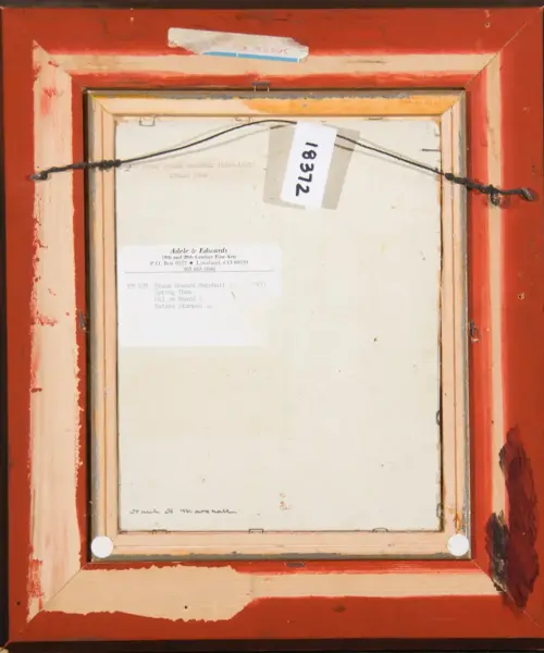 Back of a framed painting: red outer frame, hanging wire, a white tag reading '18787', and a printed artist/gallery label on the back.