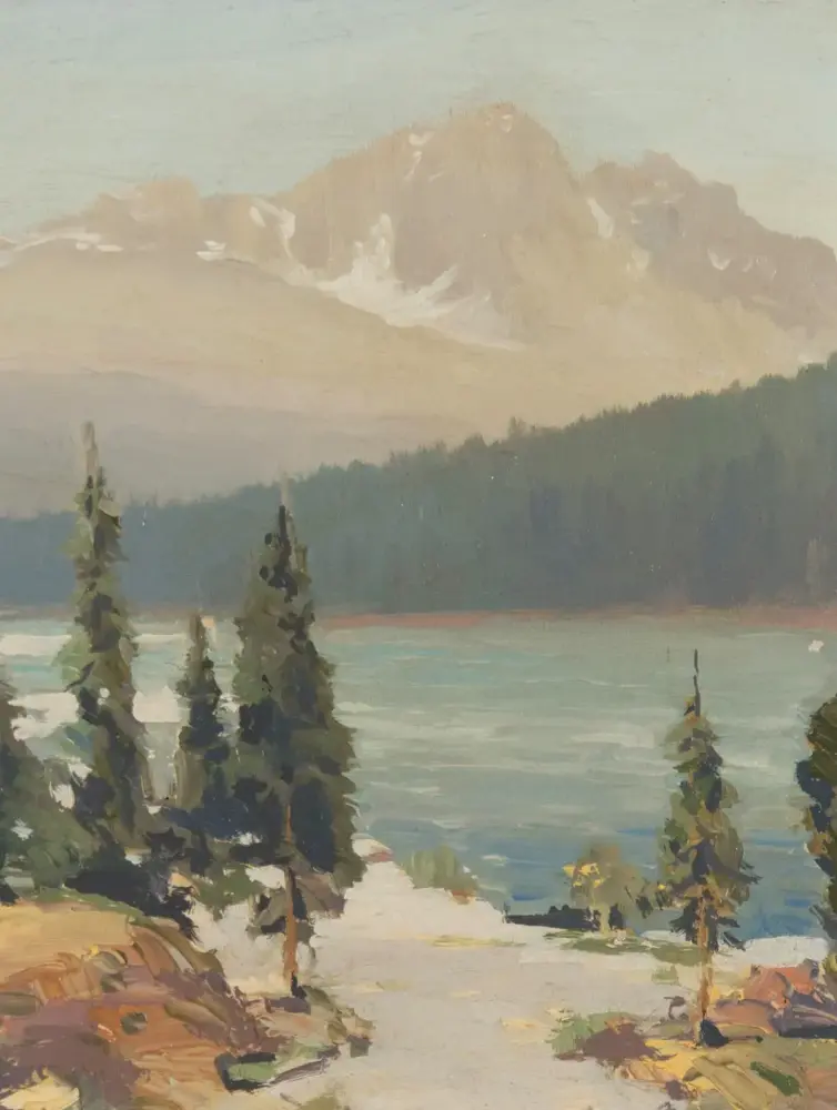 Impressionist landscape: snow-capped mountains over a lake with evergreen trees in the foreground.