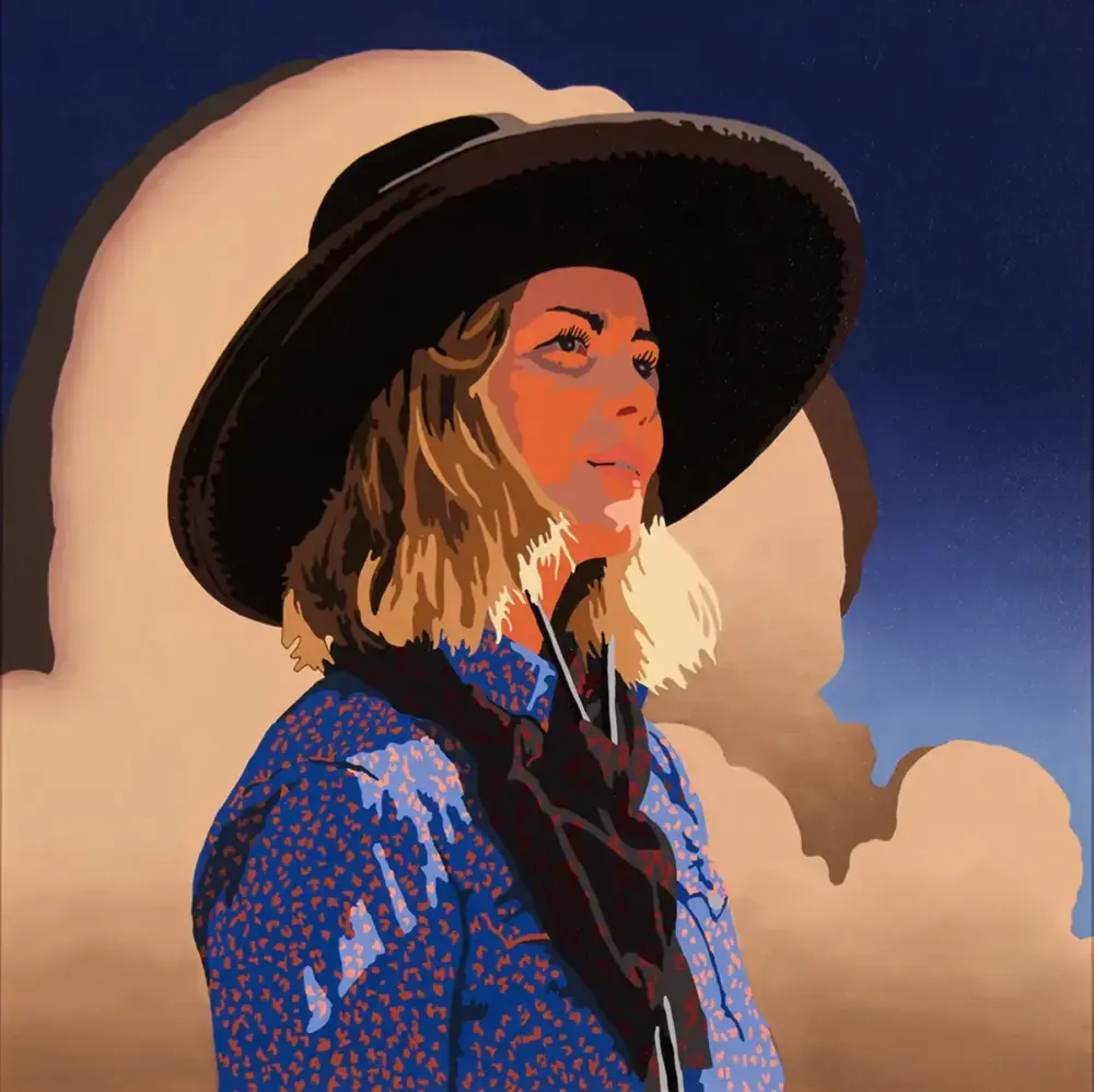 Stylized illustration of a woman with a wide-brimmed black hat, blue patterned shirt, and scarf, gazing upward against a blue sky and beige clouds.