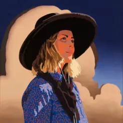 Stylized illustration of a woman with a wide-brimmed black hat, blue patterned shirt, and scarf, gazing upward against a blue sky and beige clouds.