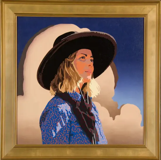 Stylized painting of a woman wearing a wide-brimmed hat, blue patterned blouse, set against a blue sky with clouds.