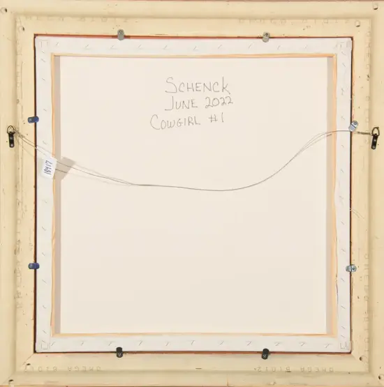 Back of a stretched canvas with hanging wire and hardware; handwritten note reads 'Schenck June 2022 Cowgirl #1'