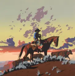 Silhouette of a rider on a horse traversing a rocky hill at sunset with a pastel sky and purple clouds behind them.