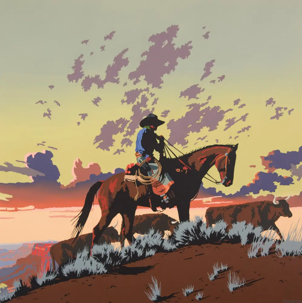 Silhouette of a rider on a horse traversing a rocky hill at sunset with a pastel sky and purple clouds behind them.