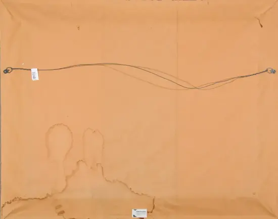 Wire with eyelets at each end stretched across an orange background, with a small tag near the left end.