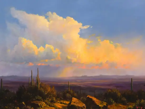 Desert scene at sunset: cacti along rocks in the foreground and a dramatic yellow-orange cloud bank over a purple horizon.