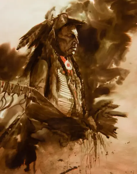 A solemn Native American man in a feathered headdress and traditional dress, standing against a smoky, earthy background.