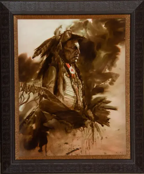 Framed painting of a Native American man in a feather headdress, shown in profile against a smoky brown background.