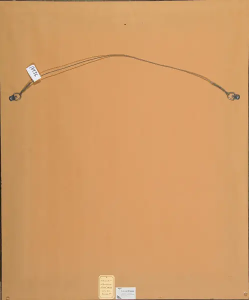 Back of a framed artwork: curved hanging wire attached to two end hooks with small labels at bottom edge of the frame.