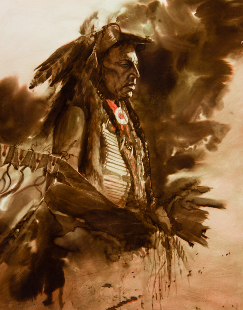 Portrait of a Native American man in a feathered headdress and beaded regalia, painted in warm tones.