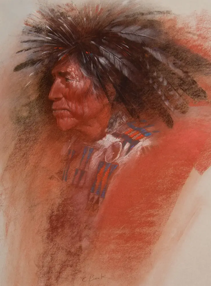 Profile view of a Native American man wearing a feathered headdress, rendered in a painterly, warm red-toned style