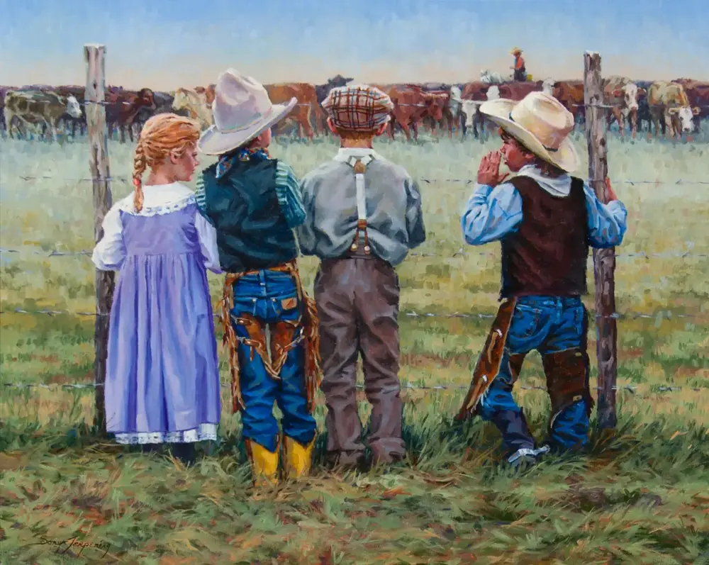 Four children in pioneer-era clothing stand at a wooden fence, watching a herd of cattle in a sunlit pasture.