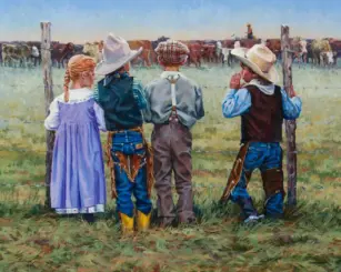 Four children in pioneer-era clothing stand at a wooden fence, watching a herd of cattle in a sunlit pasture.