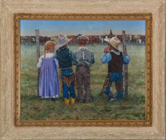 Four children in period clothing stand at a fence, watching a herd in a rural pasture on a sunny day.