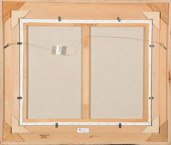 Back of a framed canvas: wooden stretcher bars, hanging wire, metal clasps, and a beige canvas surface with a 'Centurion LX' label on the top rail.