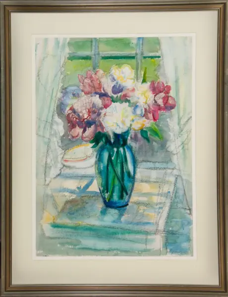 Watercolor bouquet in a turquoise vase on a table by a window, framed and matted in a gold frame.