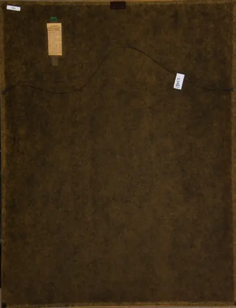 Back of a framed artwork with hanging wire and small labels/tags attached to the backing.