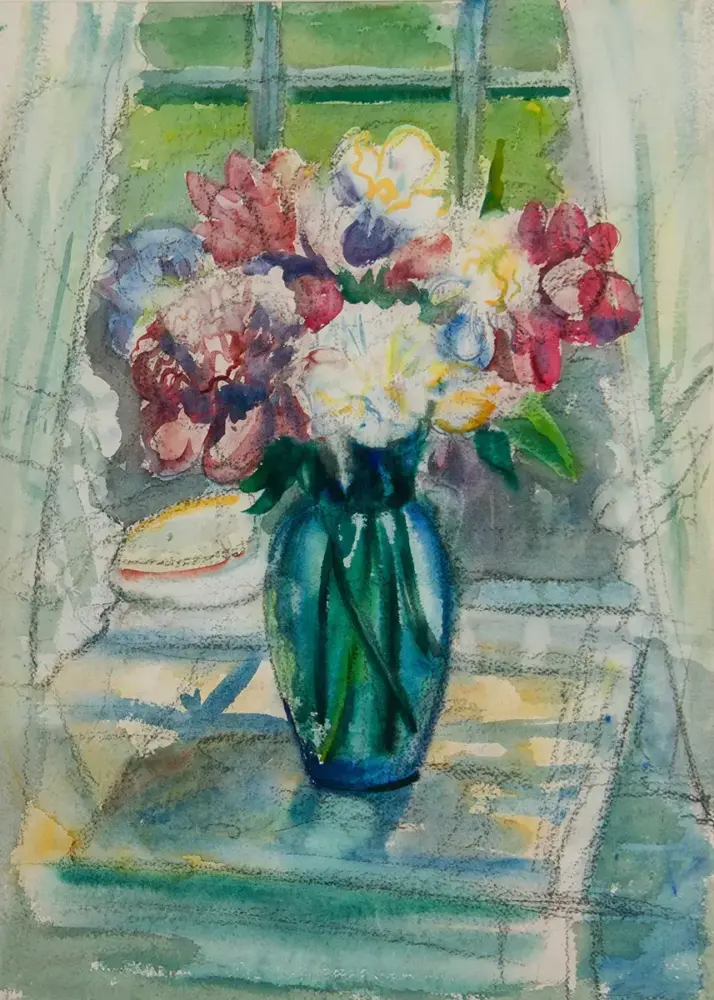 Watercolor bouquet in a blue vase on a table by a window, impressionistic colors and light.