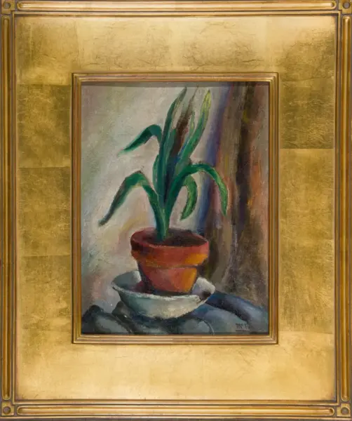 Oil painting of a tall green plant in a red terracotta pot on a pale background, framed in a gold frame.