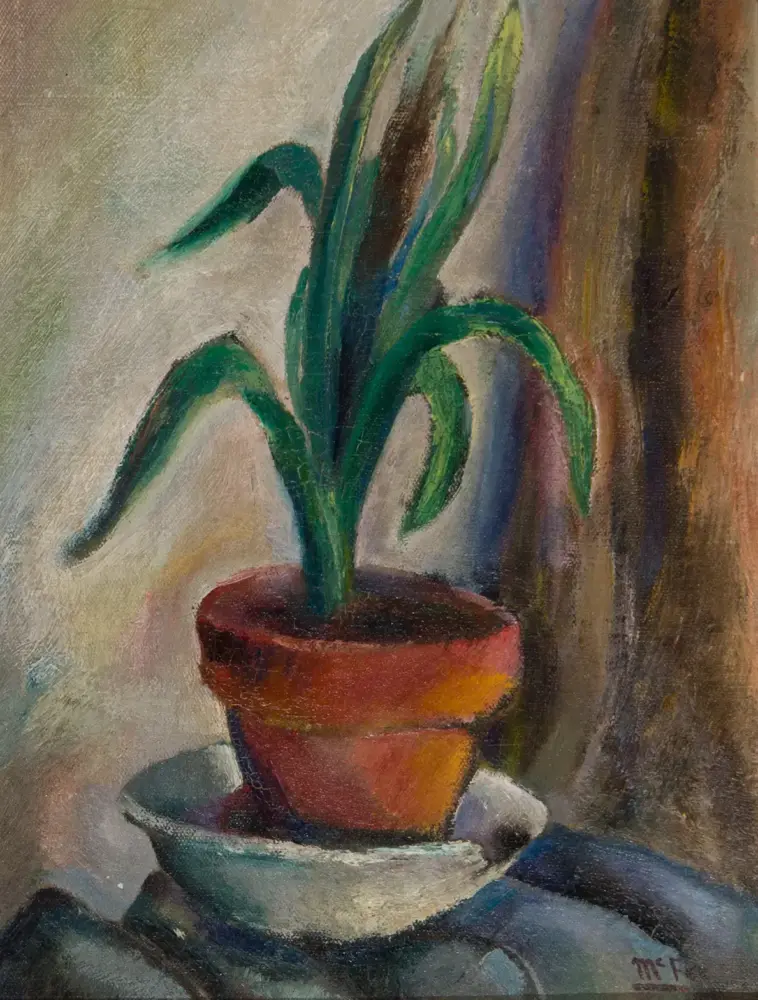 Impressionistic painting of a green plant in a terracotta pot on a saucer, with bold brushstrokes and warm colors in the background.