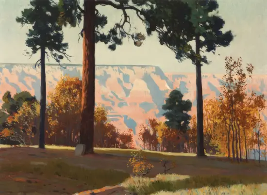Oil painting of a park scene with tall trees, autumn foliage in warm yellows and oranges, and a pale sky in the background.