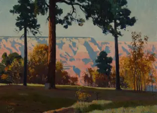 Painted landscape with tall pine trees in the foreground and a pinkish canyon cliffs in the distance.
