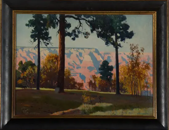 Framed oil painting of tall pine trees overlooking a pink canyon with autumn-colored trees in the foreground.