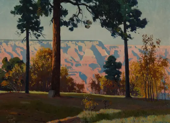 Painted landscape with tall pine trees in the foreground and a pinkish canyon cliffs in the distance.