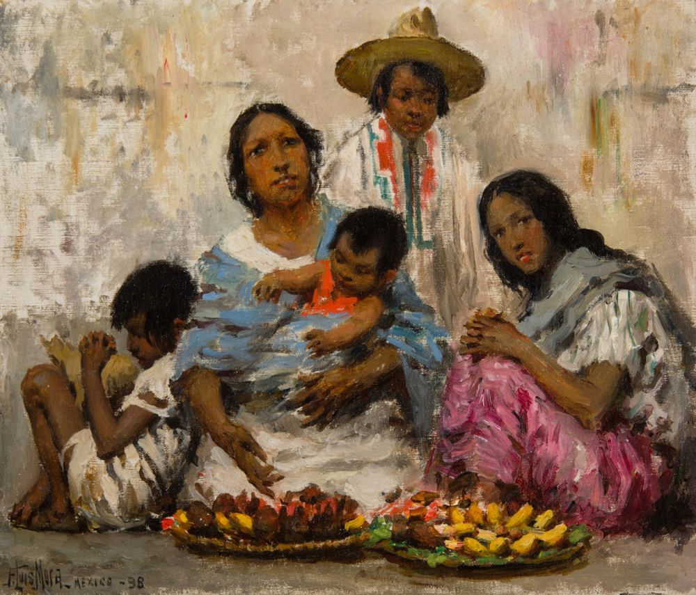 An impressionist painting of a family gathered around colorful fruit baskets, with women and children in bright clothing.