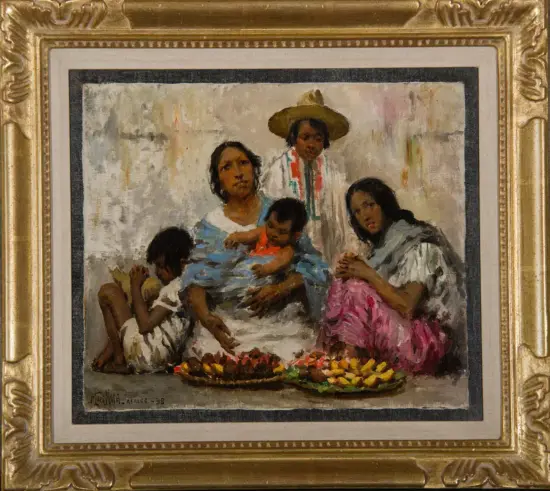 A family of five sits together, with a mother holding a baby and a man wearing a straw hat, beside bowls of fruit.