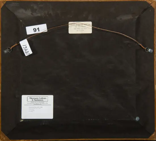 Back of a framed artwork showing a copper wire hanger, screw eyes, and several white labels from a gallery or auction house behind the frame.