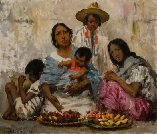Impressionistic scene of a Mexican family gathered around baskets of fruit, with two women and two children in soft, colorful clothing.