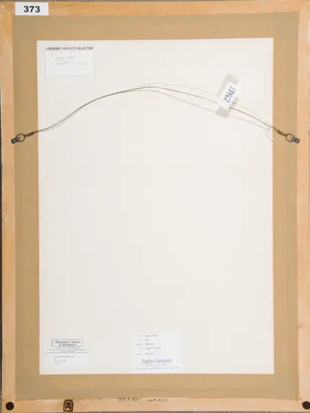 Back of a framed painting showing a metal hanging wire attached at both ends, beige mat, and gallery labels at the bottom corners. Number 373 in the top-left corner.