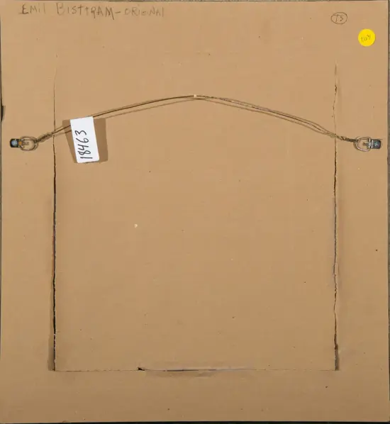 Back of a framed piece with a curved metal hanging wire attached to two eyelet hooks on each side; a white tag with a number rests near the left end.