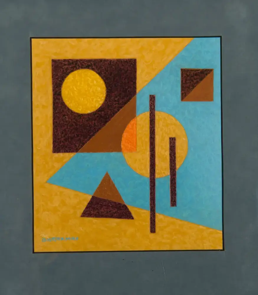 Abstract geometric painting with yellow, turquoise, and brown shapes; features circles, triangles, a diagonal division, and two tall vertical bars forming a modern composition.
