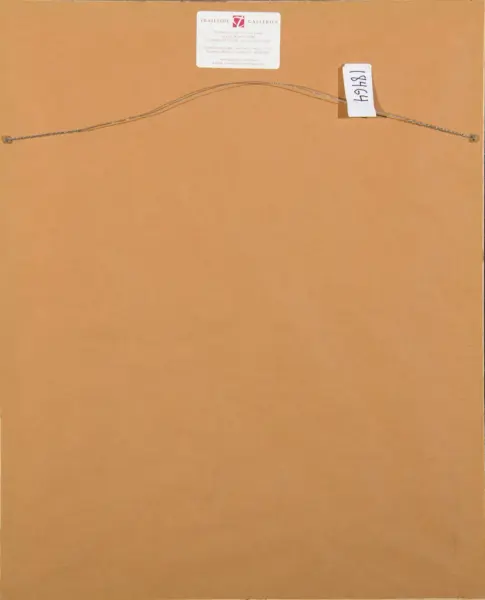 Back of a framed piece showing a metal hanging wire across the top and a small Trailside Galleries label attached.