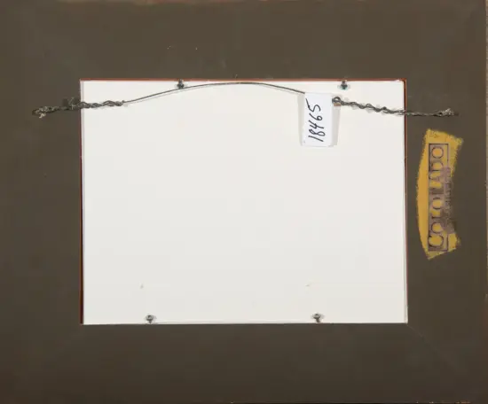 Back of a framed white panel with a twisted hanging wire and a small tag attached to a dark brown wall surface.
